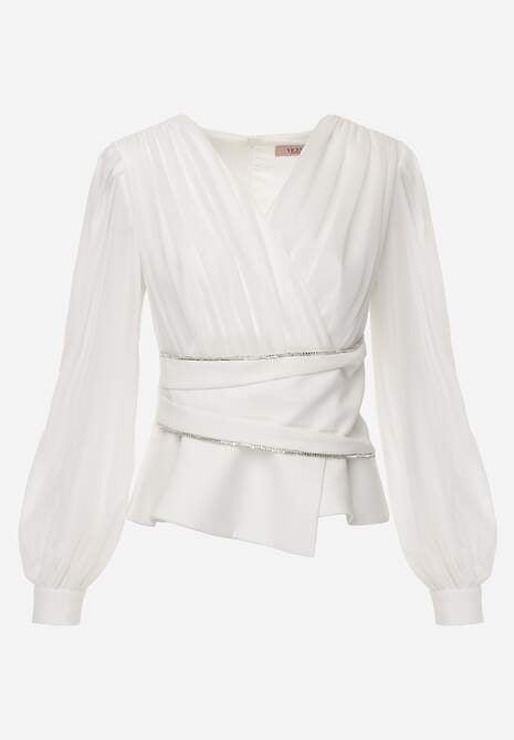 Biała Bluzka VICES w Kopertowym Stylu z Luźnymi Transparentnymi Rękawami i Dekoltem V Inge 6