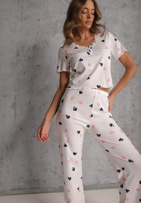 Biały Elastyczny Komplet Piżamowy w Serduszka Spodnie i Top Isle