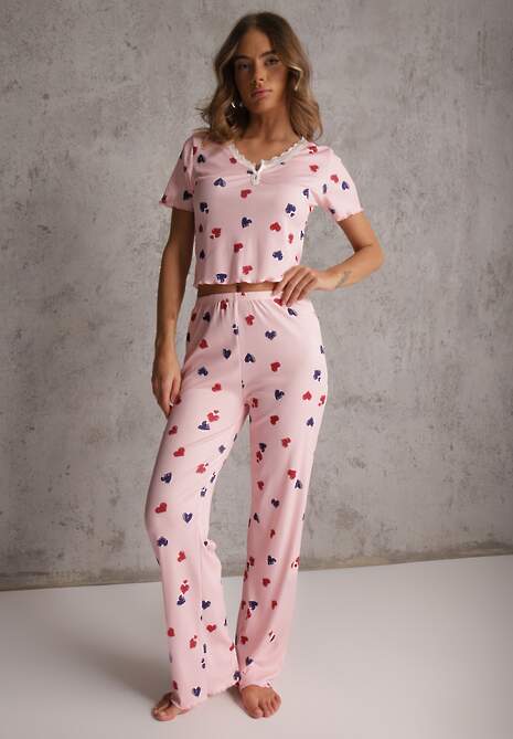 Różowy Elastyczny Komplet Piżamowy w Serduszka Spodnie i Top Isle