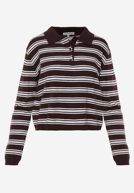 Brązowy Pasiasty Sweter z Kołnierzem i Guzikami Marlea 6