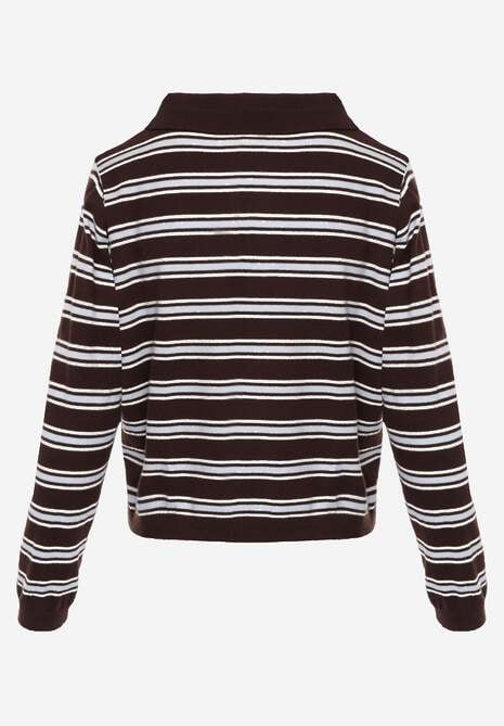 Brązowy Pasiasty Sweter z Kołnierzem i Guzikami Marlea 7
