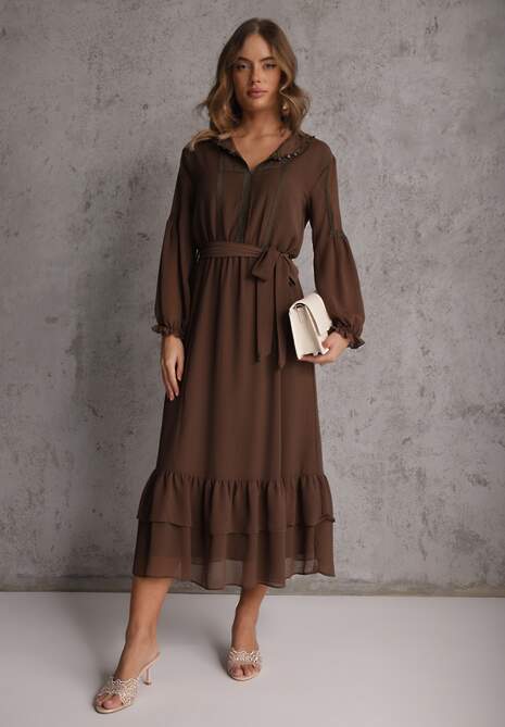 Brązowa Sukienka Boho z Paskiem Guzikami i Falbanami Nevinete 4
