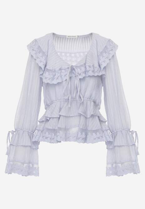 Niebieska Bluzka z Wiskozy Boho Ozdobiona Wiązaniami Koronką  i Falbanami Gavimia 6