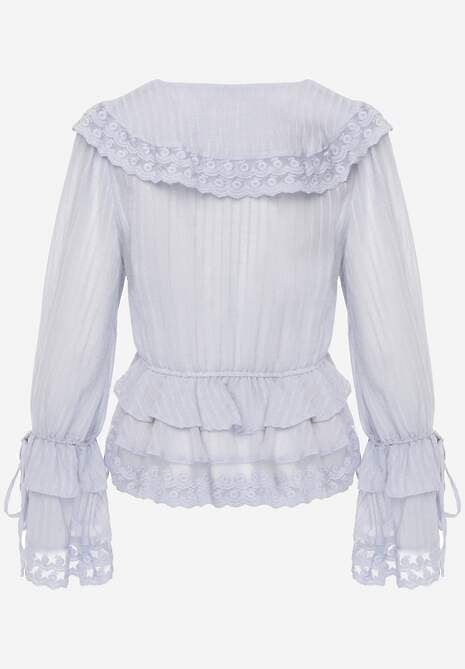 Niebieska Bluzka z Wiskozy Boho Ozdobiona Wiązaniami Koronką  i Falbanami Gavimia 7
