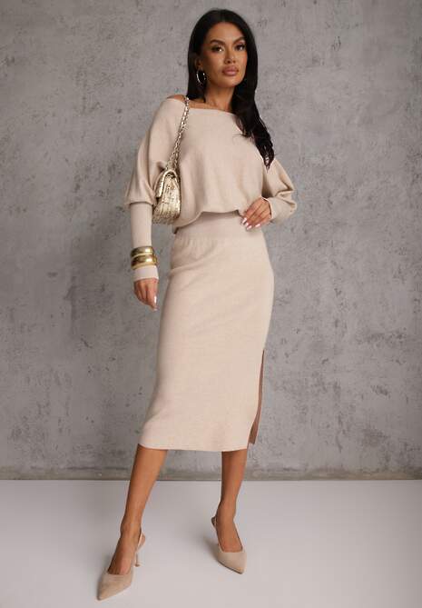 Beżowa Nietoperzowa Sukienka z Dzianiny z Wiskozą z Dekoltem w Łódkę Yuzoma 4