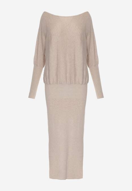 Beżowa Nietoperzowa Sukienka z Dzianiny z Wiskozą z Dekoltem w Łódkę Yuzoma 6