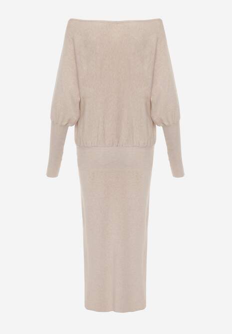 Beżowa Nietoperzowa Sukienka z Dzianiny z Wiskozą z Dekoltem w Łódkę Yuzoma 7