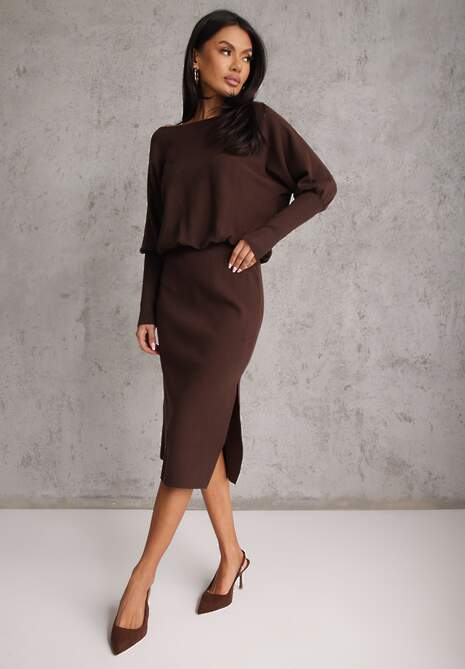 Brązowa Nietoperzowa Sukienka z Dzianiny z Wiskozą z Dekoltem w Łódkę Yuzoma 4