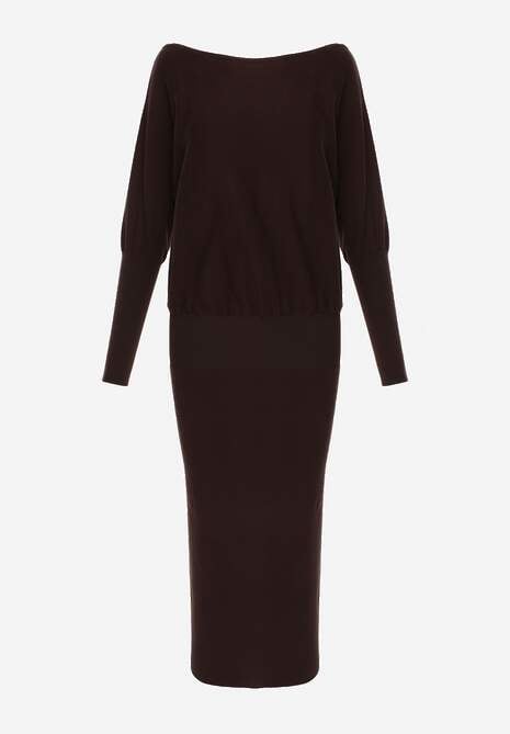 Brązowa Nietoperzowa Sukienka z Dzianiny z Wiskozą z Dekoltem w Łódkę Yuzoma 6