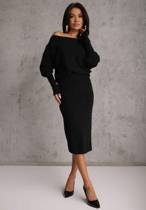 Czarna Nietoperzowa Sukienka z Dzianiny z Wiskozą z Dekoltem w Łódkę Yuzoma 4