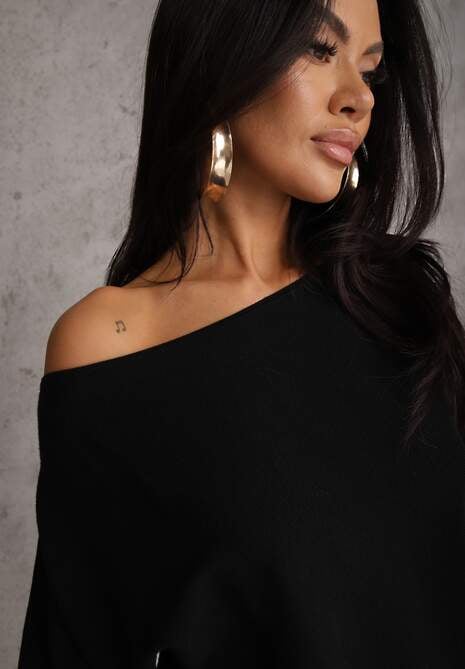 Czarna Nietoperzowa Sukienka z Dzianiny z Wiskozą z Dekoltem w Łódkę Yuzoma 5