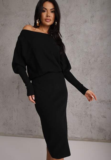 Czarna Nietoperzowa Sukienka z Dzianiny z Wiskozą z Dekoltem w Łódkę Yuzoma