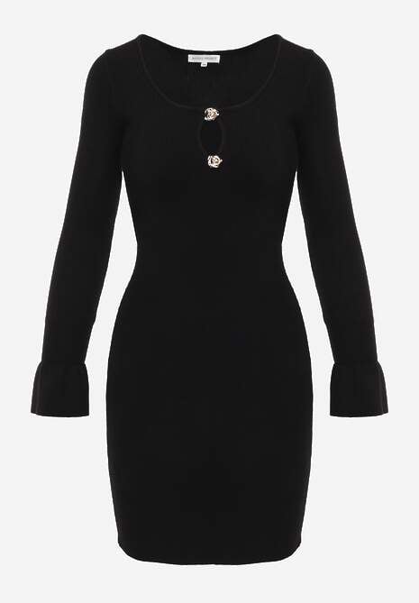 Czarna Wiskozowa Prążkowana Sukienka Bodycon Ozdobiona Wycięciem i Guzikami Nevelaura 6