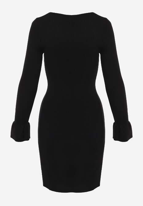 Czarna Wiskozowa Prążkowana Sukienka Bodycon Ozdobiona Wycięciem i Guzikami Nevelaura 7