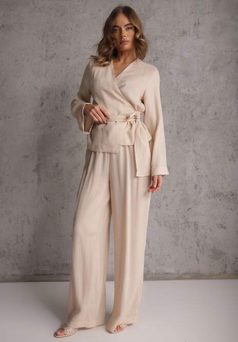 Beżowe Spodnie Wide Leg High Waist z Wiskozy Terilinae 4