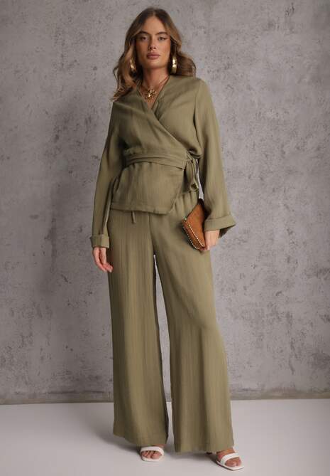 Zielone Spodnie Wide Leg High Waist z Wiskozy Terilinae