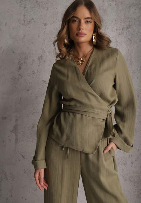 Zielona Wiskozowa Bluzka z Kopertowym Dekoltem i Wiązaniem z Boku Velarila 4