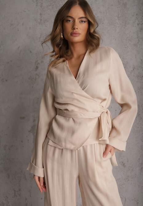 Beżowa Wiskozowa Bluzka z Kopertowym Dekoltem i Wiązaniem z Boku Velarila