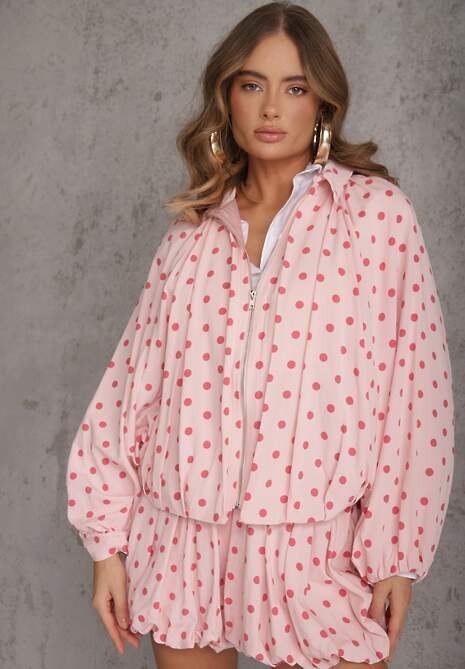 Różowa Nietoperzowa Bluza z Wiskozą w Kropki z Kołnierzykiem Meze 4