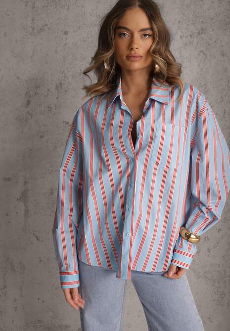 Niebieska Koszula z Bawełny Oversize w Pionowe Paski Telaria