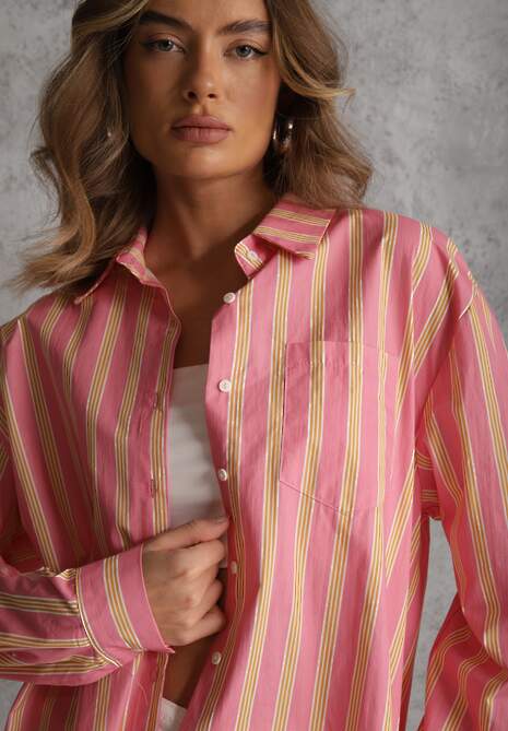 Różowa Koszula z Bawełny Oversize w Pionowe Paski Telaria 5