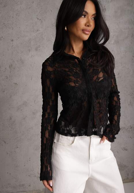 Czarna Koszula z Kwiatowej Koronki Nevieras 4