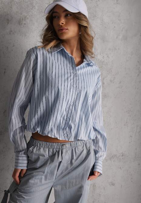 Niebieska Oversizowa Koszula z Bawełny w Pionowe Paseczki z Gumką Kadink 4
