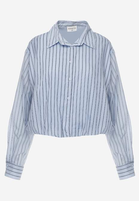 Niebieska Oversizowa Koszula z Bawełny w Pionowe Paseczki z Gumką Kadink 6