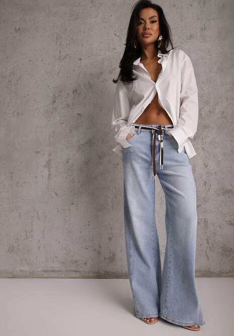 Niebieskie Szerokie Jeansy z Bawełny High Waist z Paskiem w Stylu Sznurówki Vetinia 4