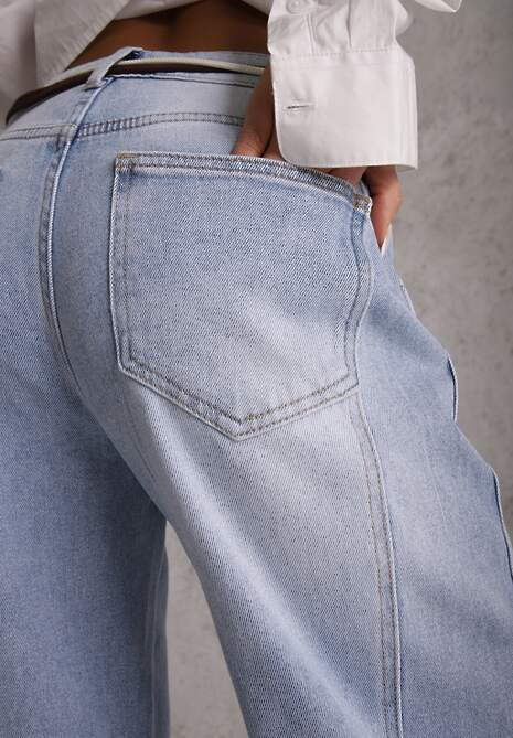 Niebieskie Szerokie Jeansy z Bawełny High Waist z Paskiem w Stylu Sznurówki Vetinia 5