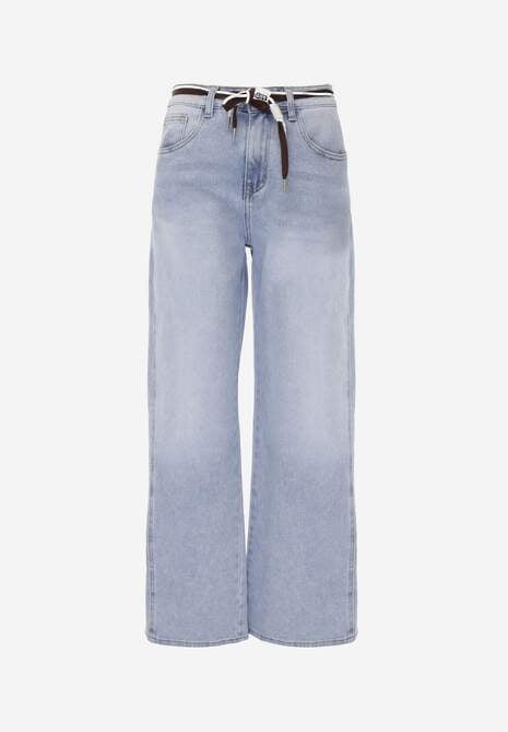 Niebieskie Szerokie Jeansy z Bawełny High Waist z Paskiem w Stylu Sznurówki Vetinia 6