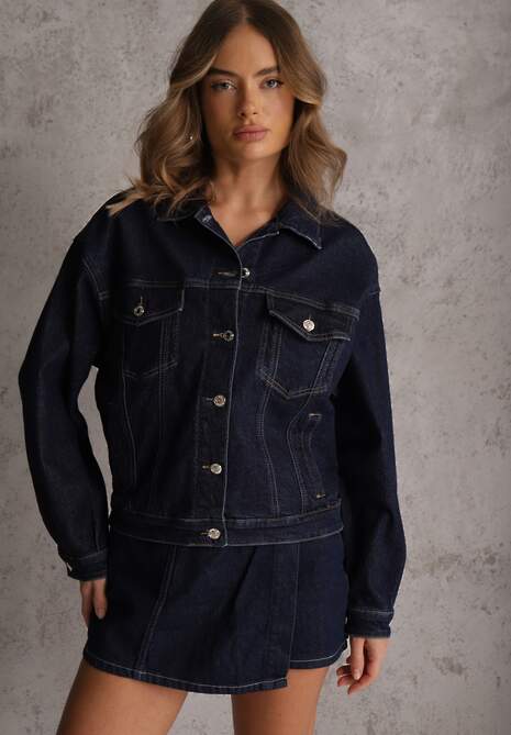 Granatowa Oversizowa Kurtka Jeansowa z Bawełną Vimaloras 4
