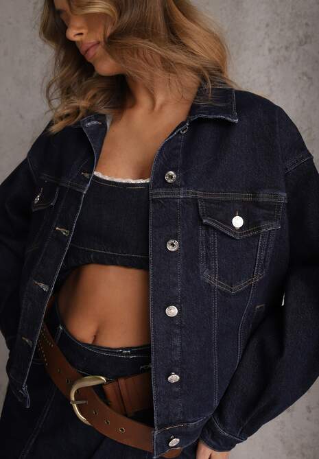 Granatowa Oversizowa Kurtka Jeansowa z Bawełną Vimaloras 5