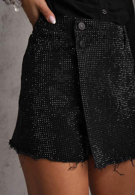 Czarne Eleganckie Spódnico-Szorty Jeansowe z Bawełną Ozdobione Cyrkoniami Risalenna 5