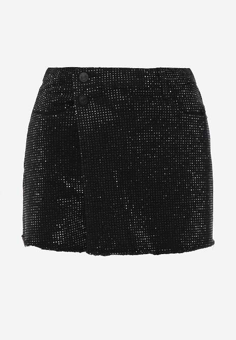 Czarne Eleganckie Spódnico-Szorty Jeansowe z Bawełną Ozdobione Cyrkoniami Risalenna 6