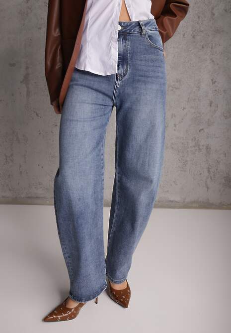 Granatowe Jeansy Barrel Leg High Waist z Bawełny Tinamist