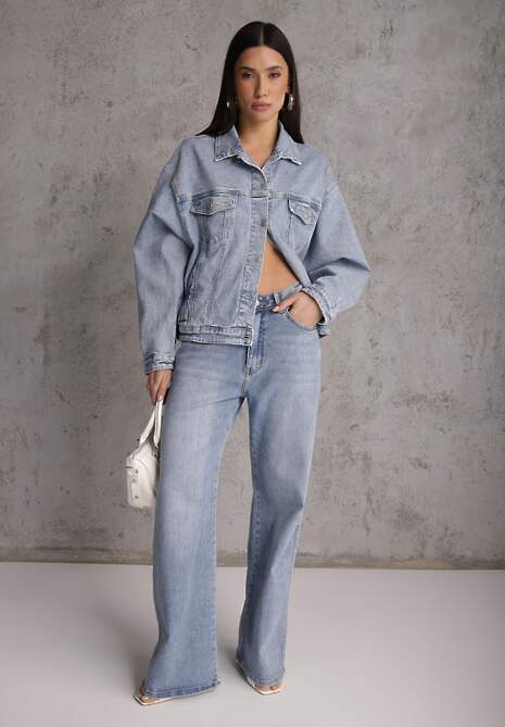 Niebieskie Jeansy Szerokie z Bawełny High Waist Ozdobione Perełkami i Wycięciami Nenelsea 4