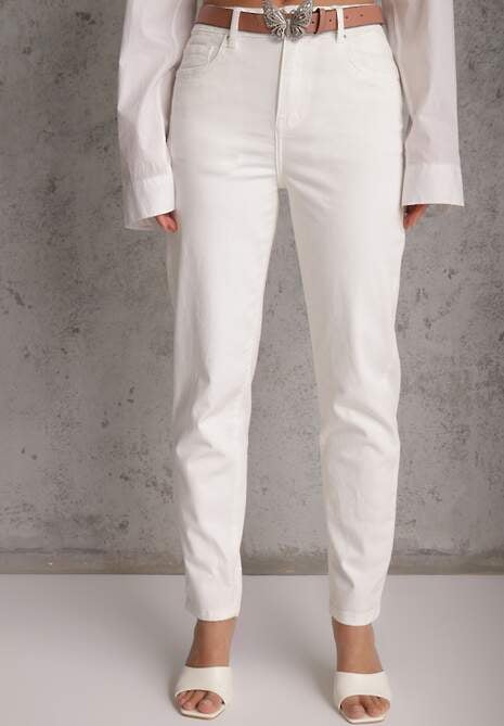 Białe Jeansy z Bawełną i Wiskozą High Waist Ozdobione Paskiem i Motylem Neviasi 4