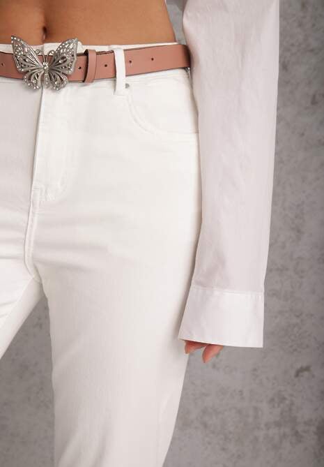 Białe Jeansy z Bawełną i Wiskozą High Waist Ozdobione Paskiem i Motylem Neviasi 5