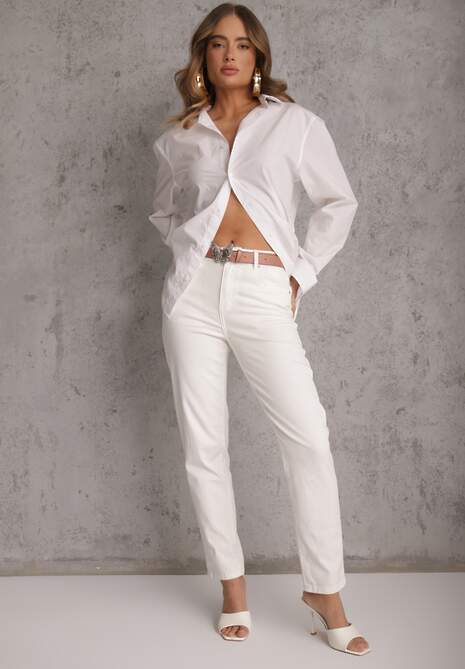 Białe Jeansy z Bawełną i Wiskozą High Waist Ozdobione Paskiem i Motylem Neviasi