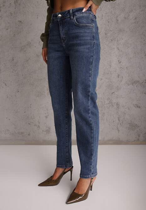 Granatowe Elastyczne Jeansy Mom Fit Regular Waist z Bawełną Ellestar 4