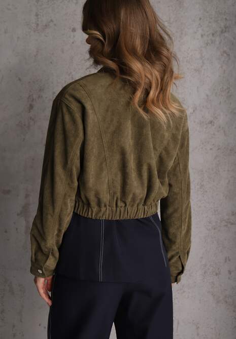 Zielona Kurtka Utility Cropped z Imitacji Zamszu z Suwakami i Paskiem w Talii Gleania 6