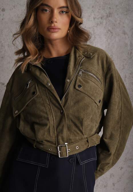 Ciemnobeżowa Kurtka Utility Cropped z Imitacji Zamszu z Suwakami i Paskiem w Talii Gleania 5