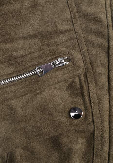 Ciemnobeżowa Kurtka Utility Cropped z Imitacji Zamszu z Suwakami i Paskiem w Talii Gleania 6