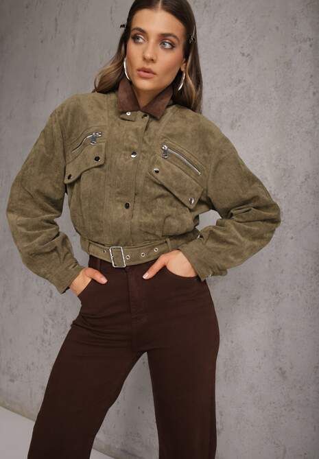 Zielona Kurtka Utility Cropped z Imitacji Zamszu z Suwakami i Paskiem w Talii Gleania
