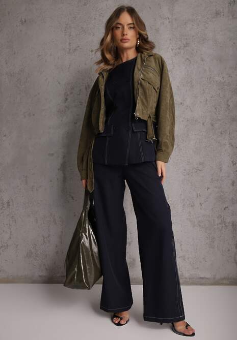 Zielona Kurtka Utility Cropped z Imitacji Zamszu z Suwakami i Paskiem w Talii Gleania 5