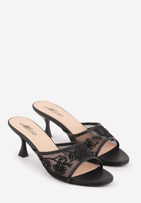Czarne Siateczkowe Klapki na Metalicznej Szpilce z Imitacją Pereł i Haftem w Kwiaty Polia 5