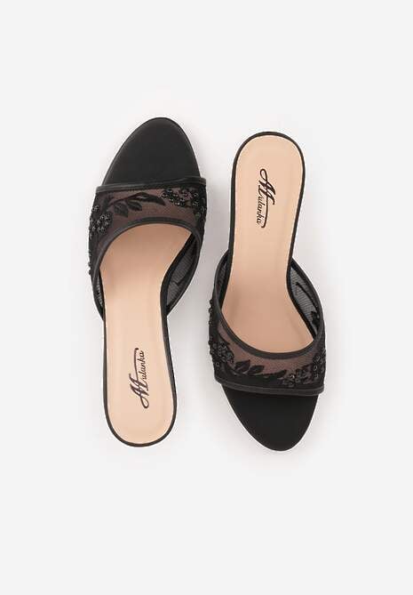 Czarne Siateczkowe Klapki na Metalicznej Szpilce z Imitacją Pereł i Haftem w Kwiaty Polia 6