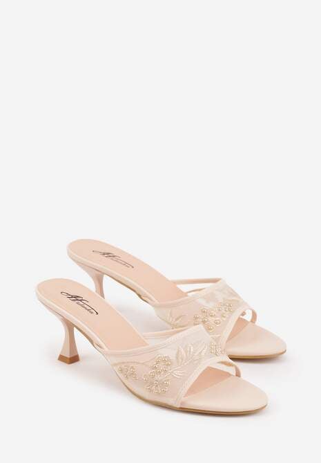 Beżowe Siateczkowe Klapki na Metalicznej Szpilce z Imitacją Pereł i Haftem w Kwiaty Polia 5