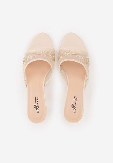 Beżowe Siateczkowe Klapki na Metalicznej Szpilce z Imitacją Pereł i Haftem w Kwiaty Polia 6